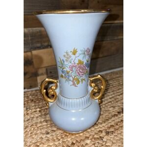 Abingdon pottery  2 Handled Vase Floral Blue USA 8 1/2" 520 Vintage Deco Art